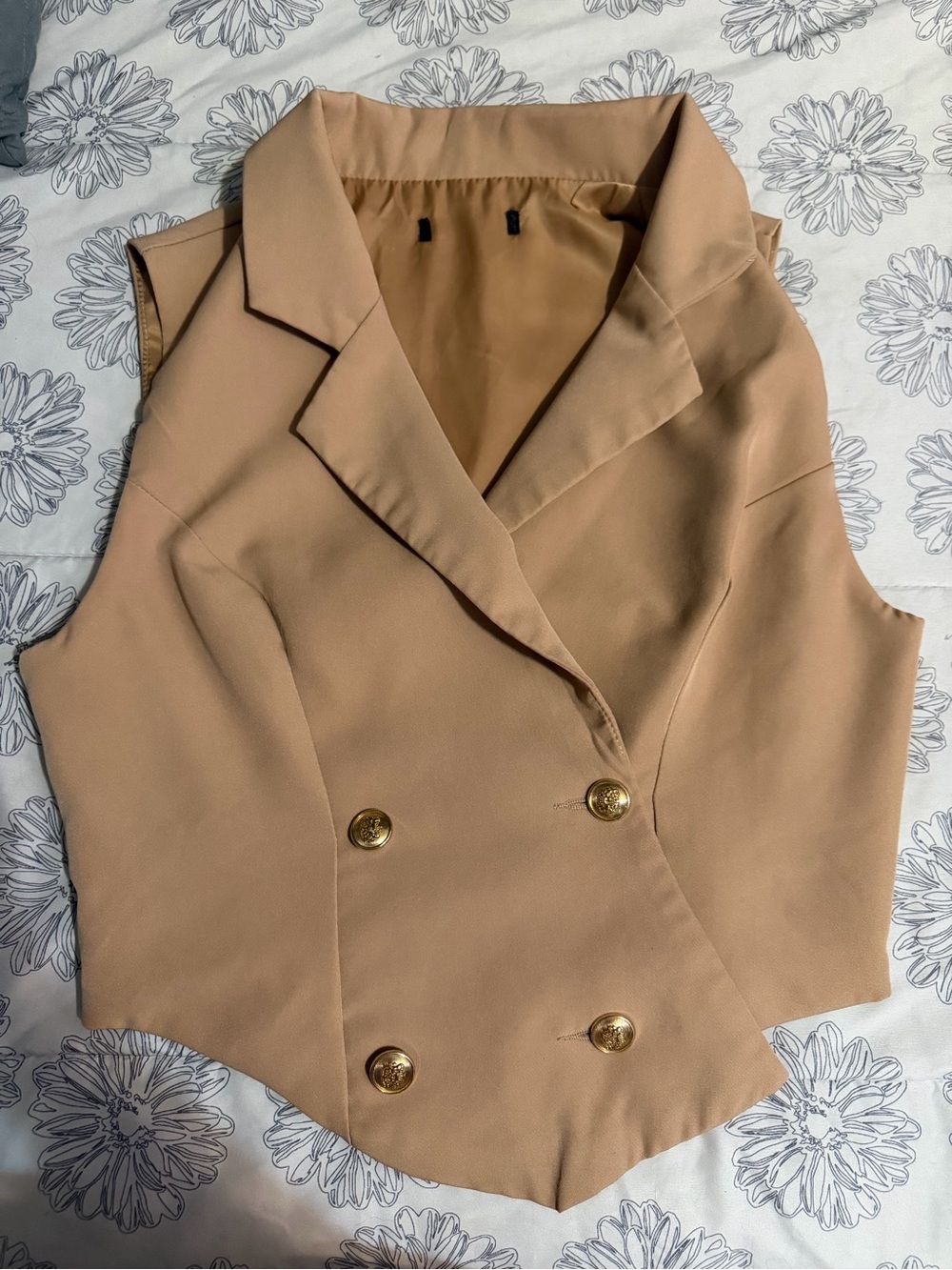 Double-Breasted Sleeveless Blazer Vest in Camel with Gold Buttons